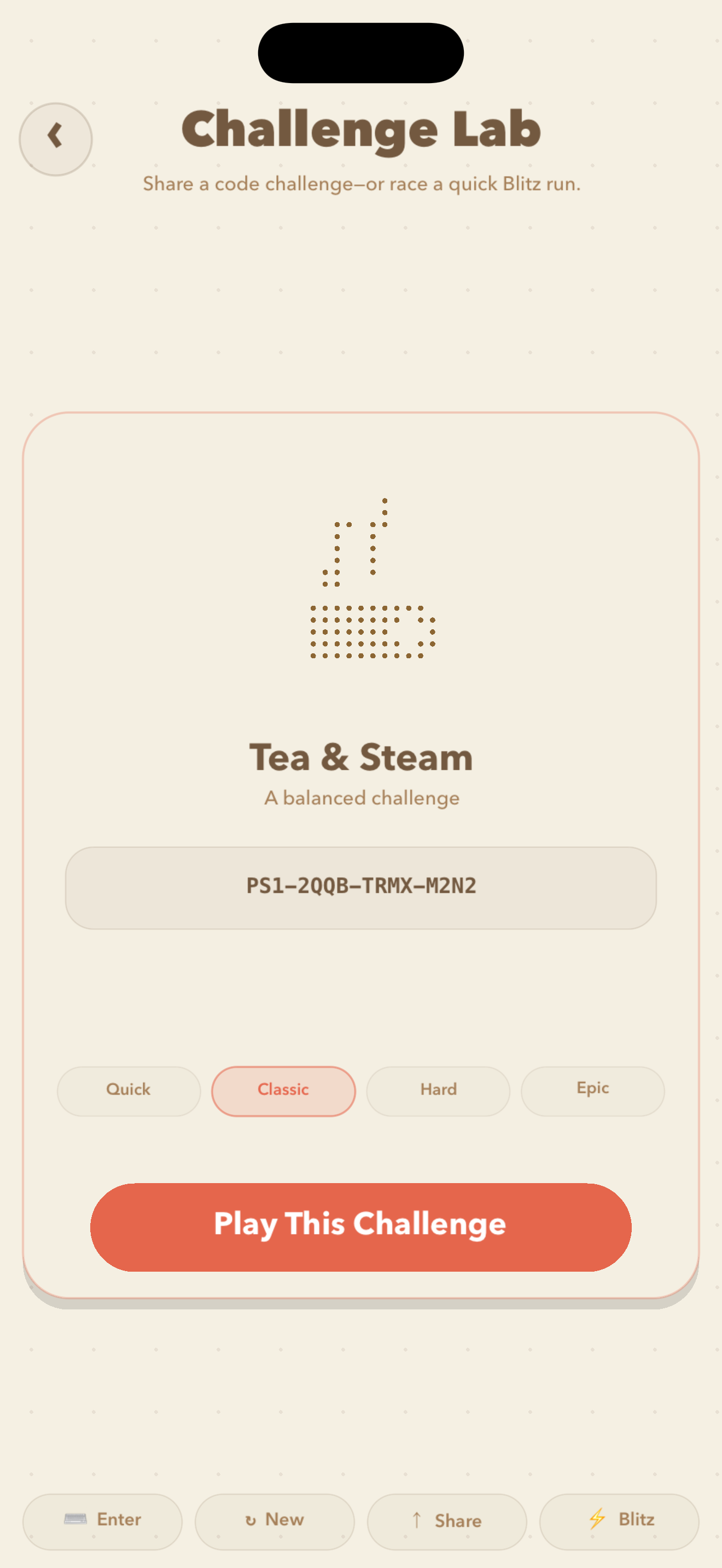Pathscape challenge lab screen with shareable challenge code and difficulty choices
