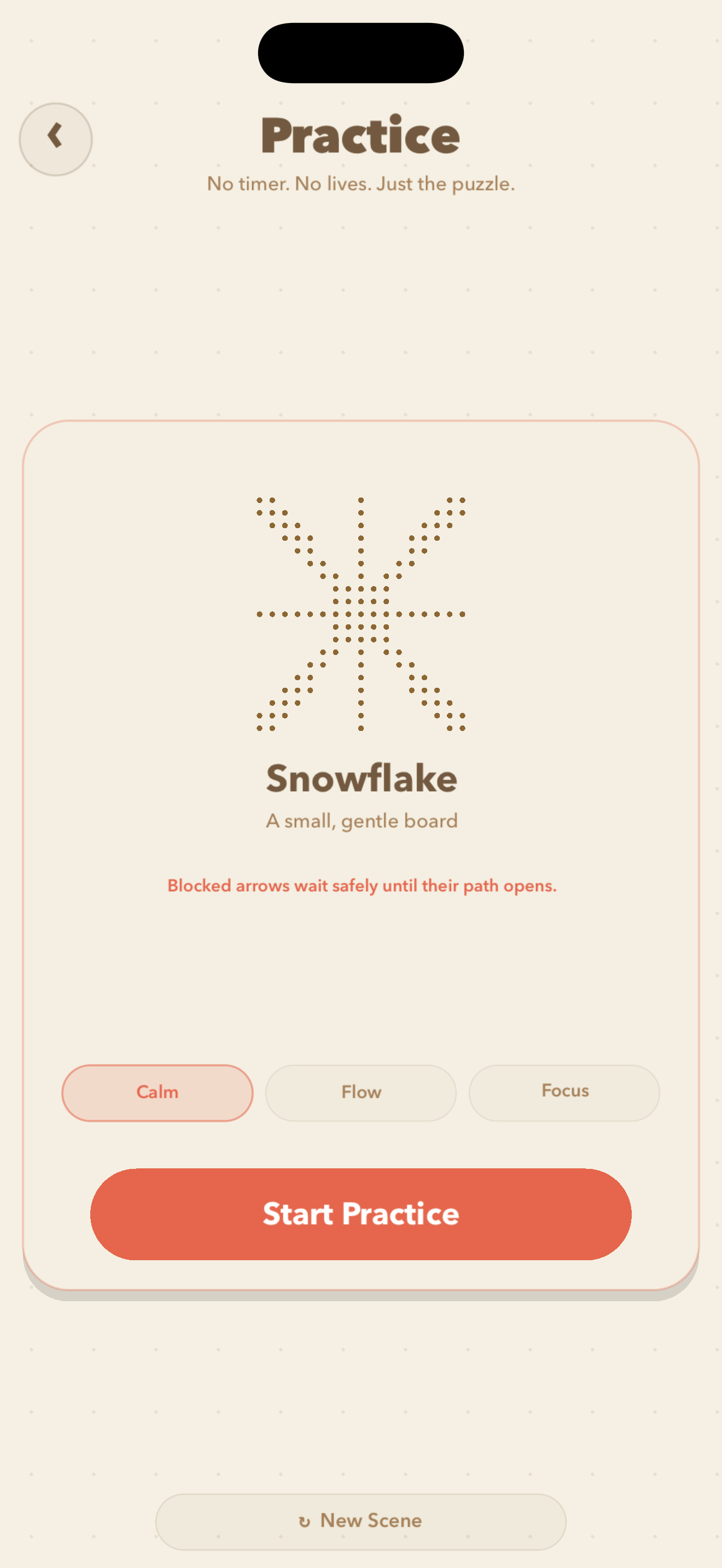 Pathscape practice screen with calm, flow, and focus difficulty choices